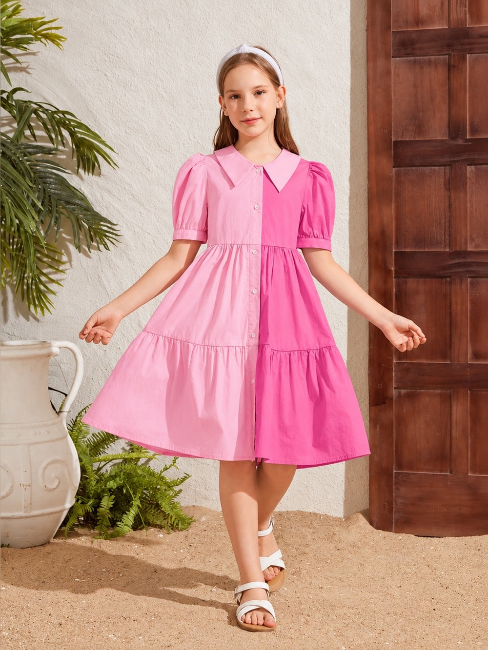 Girls Pink colorblock Dress with Puff Sleeves